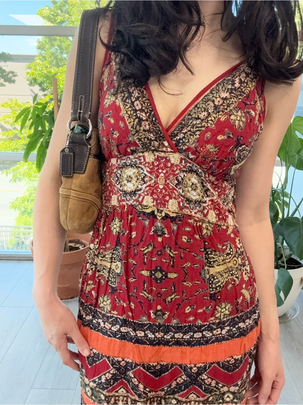Angie Multicolor Floral Paisley V-Neck Dress with Red Trim